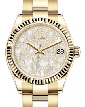 Rolex Datejust 31 Lady Midsize Yellow Gold Diamond Pave Mother of Pearl Butterfly Dial & Fluted Bezel Oyster Bracelet 278278 - Fresh - NY WATCH LAB 