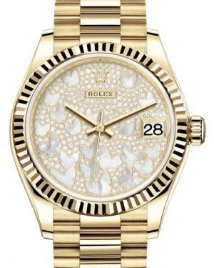 Rolex Datejust 31 Lady Midsize Yellow Gold Diamond Pave Mother of Pearl Butterfly Dial & Fluted Bezel President Bracelet 278278 - Fresh - NY WATCH LAB 