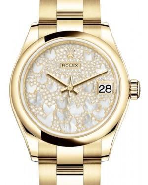 Rolex Datejust 31 Lady Midsize Yellow Gold Diamond Pave Mother of Pearl Butterfly Dial & Smooth Domed Bezel Oyster Bracelet 278248 - Fresh - NY WATCH LAB 