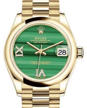 Rolex Datejust 31 Lady Midsize Yellow Gold Green Malachite VI IX Diamond Dial & Smooth Domed Bezel President Bracelet 278248 - Fresh - NY WATCH LAB 
