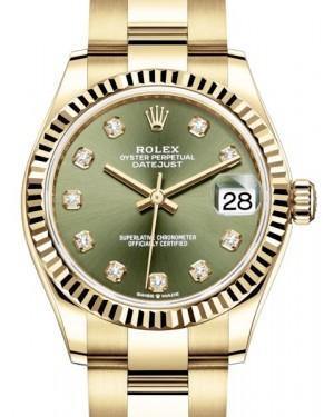 Rolex Datejust 31 Lady Midsize Yellow Gold Olive Green Diamond Dial & Fluted Bezel Oyster Bracelet 278278 - Fresh - NY WATCH LAB 