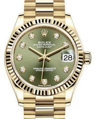 Rolex Datejust 31 Lady Midsize Yellow Gold Olive Green Diamond Dial & Fluted Bezel President Bracelet 278278 - Fresh - NY WATCH LAB 