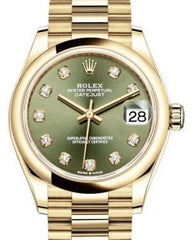 Rolex Datejust 31 Lady Midsize Yellow Gold Olive Green Diamond Dial & Smooth Domed Bezel President Bracelet 278248 - Fresh - NY WATCH LAB 