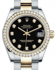 Rolex Datejust 31 Lady Midsize Yellow Gold/Steel Black Diamond Dial & Diamond Bezel Oyster Bracelet 178383 - Fresh - NY WATCH LAB 
