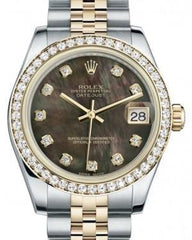 Rolex Datejust 31 Lady Midsize Yellow Gold/Steel Black Mother of Pearl Diamond Dial & Diamond Bezel Jubilee Bracelet 178383 - Fresh - NY WATCH LAB 