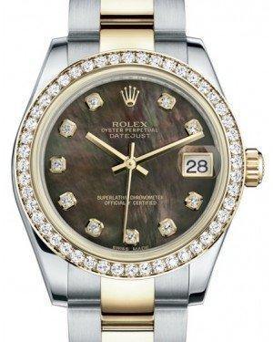 Rolex Datejust 31 Lady Midsize Yellow Gold/Steel Black Mother of Pearl Diamond Dial & Diamond Bezel Oyster Bracelet 178383 - Fresh - NY WATCH LAB 