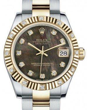 Rolex Datejust 31 Lady Midsize Yellow Gold/Steel Black Mother of Pearl Diamond Dial & Diamond Set Fluted Bezel Oyster Bracelet 178313 - Fresh - NY WATCH LAB 