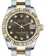 Rolex Datejust 31 Lady Midsize Yellow Gold/Steel Black Mother of Pearl Diamond Dial & Diamond Set Fluted Bezel Oyster Bracelet 178313 - Fresh - NY WATCH LAB 