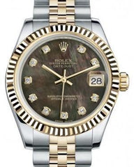 Rolex Datejust 31 Lady Midsize Yellow Gold/Steel Black Mother of Pearl Diamond Dial & Fluted Bezel Jubilee Bracelet 178273 - Fresh - NY WATCH LAB 