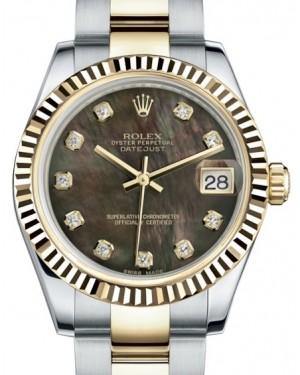 Rolex Datejust 31 Lady Midsize Yellow Gold/Steel Black Mother of Pearl Diamond Dial & Fluted Bezel Oyster Bracelet 178273 - Fresh - NY WATCH LAB 