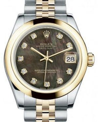 Rolex Datejust 31 Lady Midsize Yellow Gold/Steel Black Mother of Pearl Diamond Dial & Smooth Domed Bezel Jubilee Bracelet 178243 - Fresh - NY WATCH LAB 
