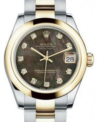 Rolex Datejust 31 Lady Midsize Yellow Gold/Steel Black Mother of Pearl Diamond Dial & Smooth Domed Bezel Oyster Bracelet 178243 - Fresh - NY WATCH LAB 