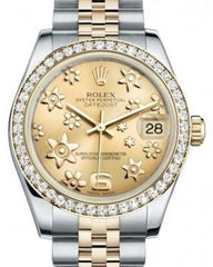 Rolex Datejust 31 Lady Midsize Yellow Gold/Steel Champagne Floral Motif Arabic Dial & Diamond Bezel Jubilee Bracelet 178383 - Fresh - NY WATCH LAB 