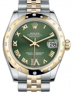 Rolex Datejust 31 Lady Midsize Yellow Gold/Steel Olive Green Roman Diamond VI Dial & Diamond Set Domed Bezel Jubilee Bracelet 178343 - Fresh - NY WATCH LAB 