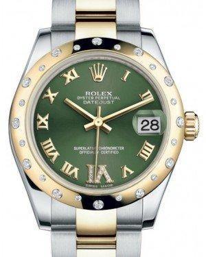 Rolex Datejust 31 Lady Midsize Yellow Gold/Steel Olive Green Roman Diamond VI Dial & Diamond Set Domed Bezel Oyster Bracelet 178343 - Fresh - NY WATCH LAB 