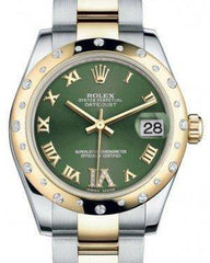 Rolex Datejust 31 Lady Midsize Yellow Gold/Steel Olive Green Roman Diamond VI Dial & Diamond Set Domed Bezel Oyster Bracelet 178343 - Fresh - NY WATCH LAB 