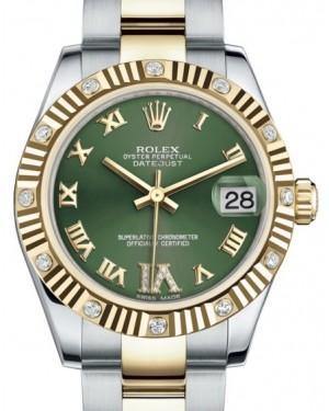 Rolex Datejust 31 Lady Midsize Yellow Gold/Steel Olive Green Roman Diamond VI Dial & Diamond Set Fluted Bezel Oyster Bracelet 178313 - Fresh - NY WATCH LAB 