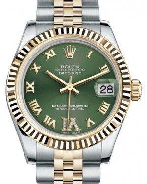 Rolex Datejust 31 Lady Midsize Yellow Gold/Steel Olive Green Roman Diamond VI Dial & Fluted Bezel Jubilee Bracelet 178273 - Fresh - NY WATCH LAB 