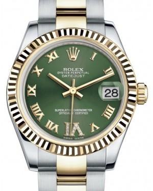 Rolex Datejust 31 Lady Midsize Yellow Gold/Steel Olive Green Roman Diamond VI Dial & Fluted Bezel Oyster Bracelet 178273 - Fresh - NY WATCH LAB 