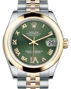 Rolex Datejust 31 Lady Midsize Yellow Gold/Steel Olive Green Roman Diamond VI Dial & Smooth Domed Bezel Jubilee Bracelet 178243 - Fresh - NY WATCH LAB 
