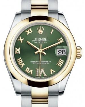Rolex Datejust 31 Lady Midsize Yellow Gold/Steel Olive Green Roman Diamond VI Dial & Smooth Domed Bezel Oyster Bracelet 178243 - Fresh - NY WATCH LAB 