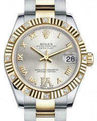 Rolex Datejust 31 Lady Midsize Yellow Gold/Steel Silver Roman Diamond VI Dial & Diamond Set Fluted Bezel Oyster Bracelet 178313 - Fresh - NY WATCH LAB 