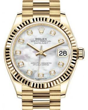Rolex Datejust 31 Lady Midsize Yellow Gold White Mother of Pearl Diamond Dial & Fluted Bezel President Bracelet 278278 - Fresh - NY WATCH LAB 