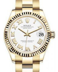 Rolex Datejust 31 Lady Midsize Yellow Gold White Roman Dial & Fluted Bezel Oyster Bracelet 278278 - Fresh - NY WATCH LAB 