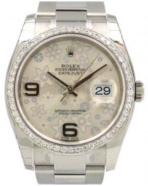 Rolex Datejust 36 116200-SLVFDO Silver Floral Motif Arabic Diamond Bezel Stainless Steel Oyster