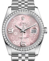 Rolex Datejust 36 White Gold/Steel Pink Floral Motif Arabic Dial & Diamond Bezel Jubilee Bracelet 116244