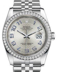 Rolex Datejust 36 White Gold/Steel Silver Diagonal Motif Arabic Dial & Diamond Bezel Jubilee Bracelet 116244