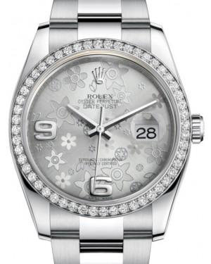 Rolex Datejust 36 White Gold/Steel Silver Floral Motif Arabic Dial & Diamond Bezel Oyster Bracelet 116244