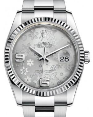 Rolex Datejust 36 White Gold/Steel Silver Floral Motif Arabic Dial & Fluted Bezel Oyster Bracelet 116234