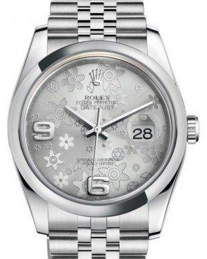 Rolex Datejust 36 Stainless Steel Silver Floral Motif Arabic Dial & Smooth Domed Bezel Jubilee Bracelet 116200