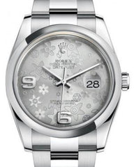 Rolex Datejust 36 Stainless Steel Silver Floral Motif Arabic Dial & Smooth Domed Bezel Oyster Bracelet 116200