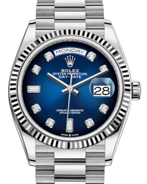 Rolex Day-Date 36 White Gold Blue Ombre Diamond Dial & Fluted Bezel President Bracelet 128239