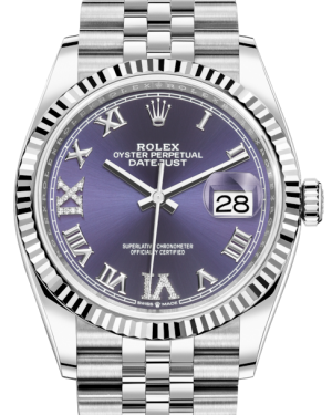 Rolex Datejust 36MM White Gold/Steel Aubergine Roman & Diamond Dial & Fluted Bezel Jubilee Bracelet 126234 - NEW