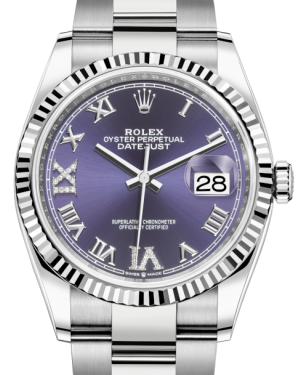 Rolex Datejust 36MM White Gold/Steel Aubergine Roman & Diamond Dial & Fluted Bezel Oyster Bracelet 126234 - NEW
