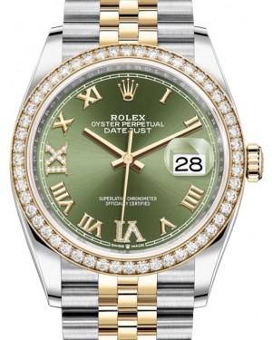 Rolex Datejust 36 Yellow Gold/Steel Olive Green Roman Diamond VI Dial & Diamond Bezel Jubilee Bracelet 126283RBR