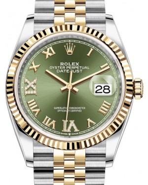 Rolex Datejust 36 Yellow Gold/Steel Olive Green Roman Diamond VI Dial & Fluted Bezel Jubilee Bracelet 126233 - New