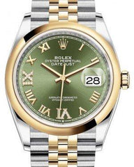 Rolex Datejust 36 Yellow Gold/Steel Olive Green Roman Diamond VI Dial & Smooth Domed Bezel Jubilee Bracelet 126203