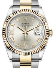 Rolex Datejust 36 Yellow Gold/Steel Silver Roman Diamond VI Dial & Fluted Bezel Oyster Bracelet 126233