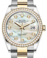 Rolex Datejust 36 Yellow Gold/Steel White Mother of Pearl Diamond Dial & Diamond Bezel Oyster Bracelet 126283RBR