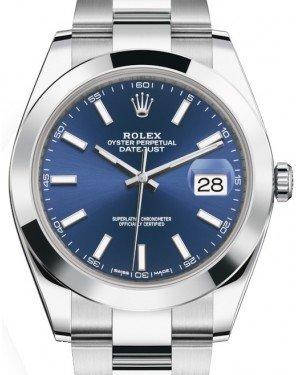 Rolex Datejust 41 Stainless Steel Blue Index Dial Smooth Bezel Oyster Bracelet 126300 -  New