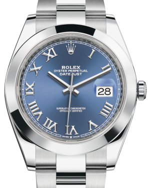 Rolex Datejust 41 Stainless Steel Blue Roman Dial Smooth Bezel Oyster Bracelet 126300 -  New