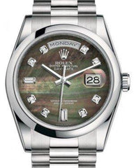 Rolex Day-Date 36 Platinum Black Mother of Pearl Diamond Dial & Smooth Domed Bezel President Bracelet 118206