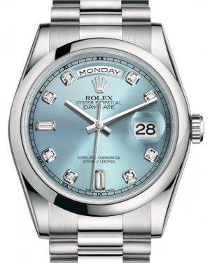 Rolex Day-Date 36 Platinum Ice Blue Diamond Dial & Smooth Domed Bezel President Bracelet 118206