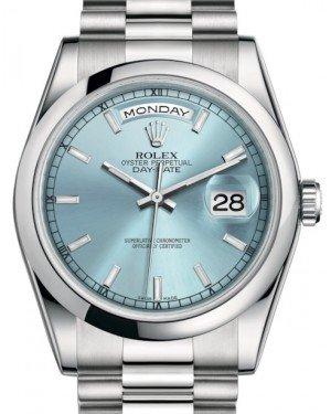 Rolex Day-Date 36 Platinum Ice Blue Index Dial & Smooth Domed Bezel President Bracelet 118206