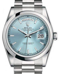 Rolex Day-Date 36 Platinum Ice Blue Index Dial & Smooth Domed Bezel President Bracelet 118206