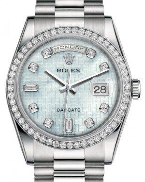 Rolex Day-Date 36 Platinum Platinum Mother of Pearl with Oxford Motif Diamond Dial & Diamond Bezel President Bracelet 118346